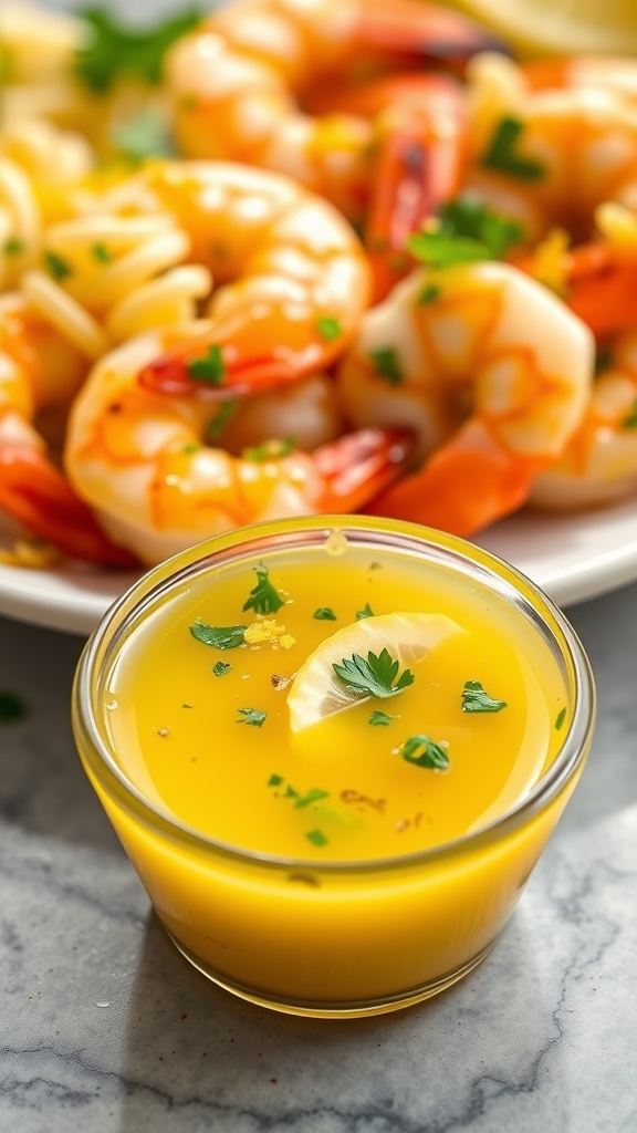 A bowl of garlic lemon butter sauce garnished with parsley and lemon zest, served with grilled shrimp and pasta.